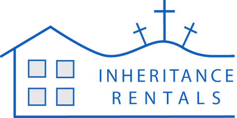 Inheritance Rentals logo: a house with four windows and three crosses above the roofline